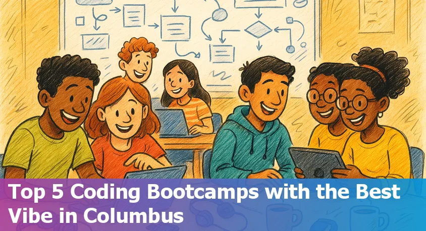 Group of diverse, enthusiastic coding students collaborating in a modern Columbus, Ohio classroom.