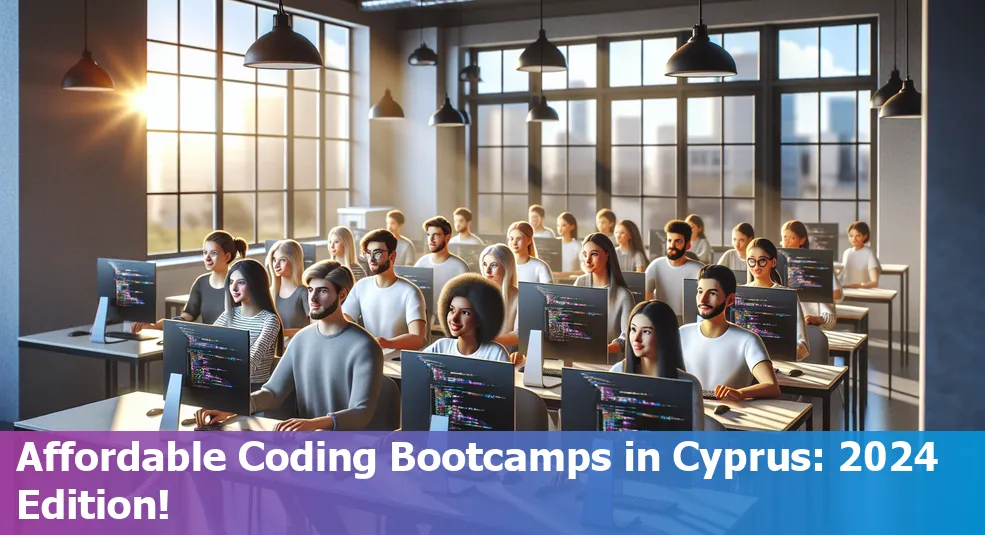 Group of diverse coding students discussing code in a classroom in Cyprus.