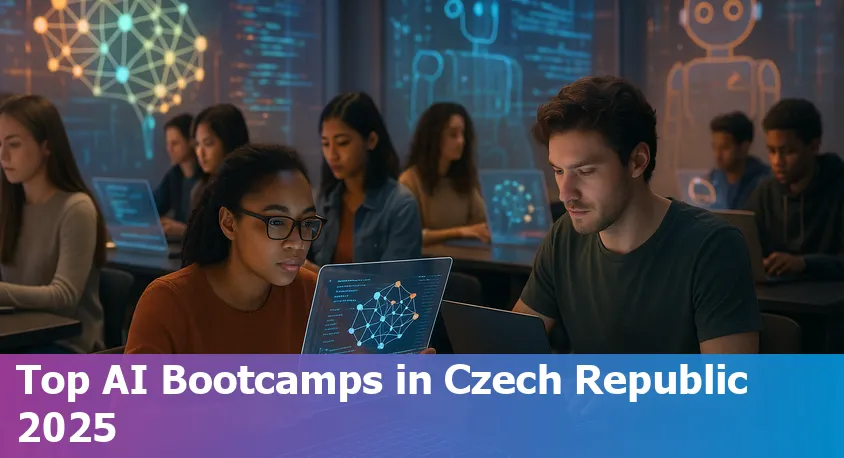 A group of students collaborating on AI and data science projects in a modern classroom in Prague, Czech Republic.