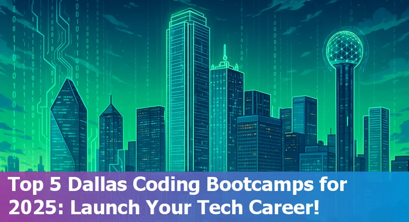 Downtown Dallas skyline with aspiring tech students using laptops, symbolizing vibrant local coding bootcamps.