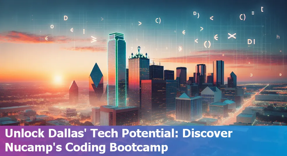 Skyline of Dallas, Texas with Nucamp Coding Bootcamp logo