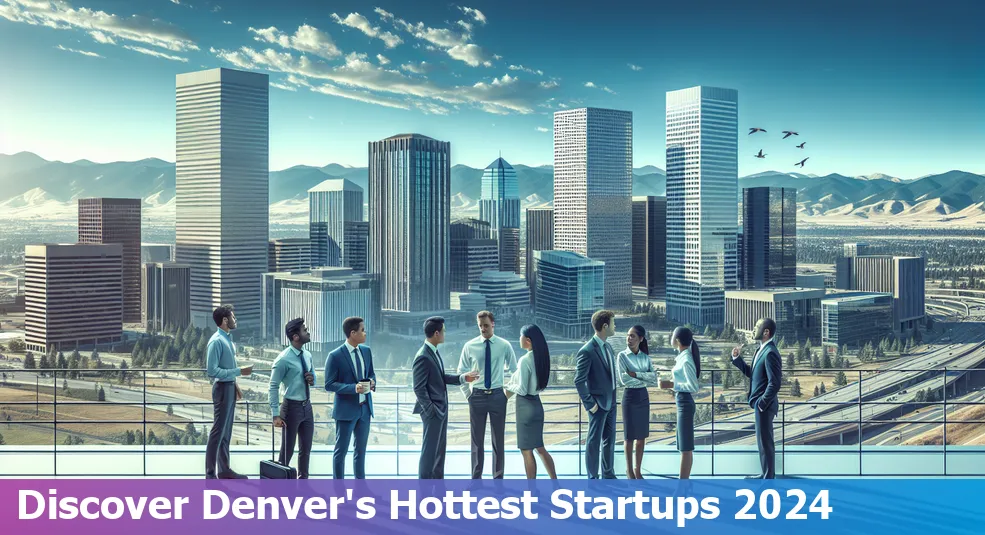 Denver skyline with tech startup icons representing the top 10 startups in 2024.