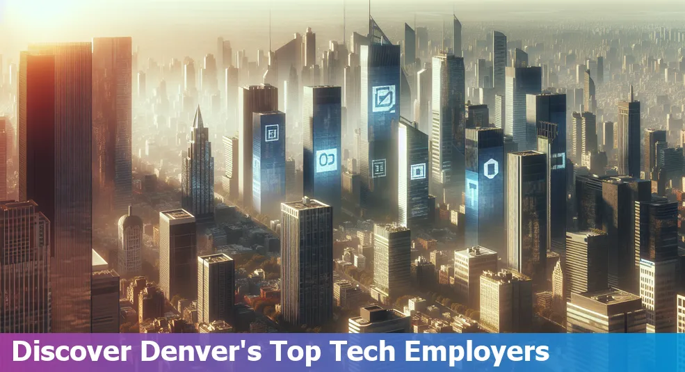 Skyline of Denver, Colorado with tech companies logos.