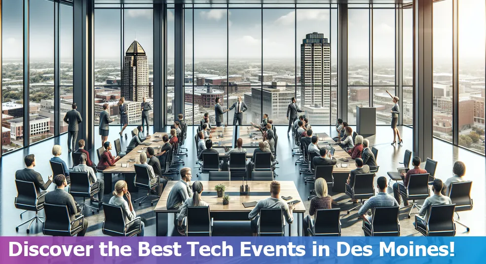 People attending a tech conference in Des Moines, Iowa, engaged in a presentation.