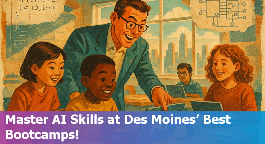 Des Moines skyline and students studying AI on laptops, symbolizing local and online bootcamps in Iowa.