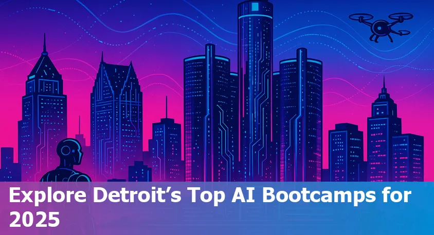 Detroit skyline with digital AI icons representing the top 5 AI bootcamps in 2025.