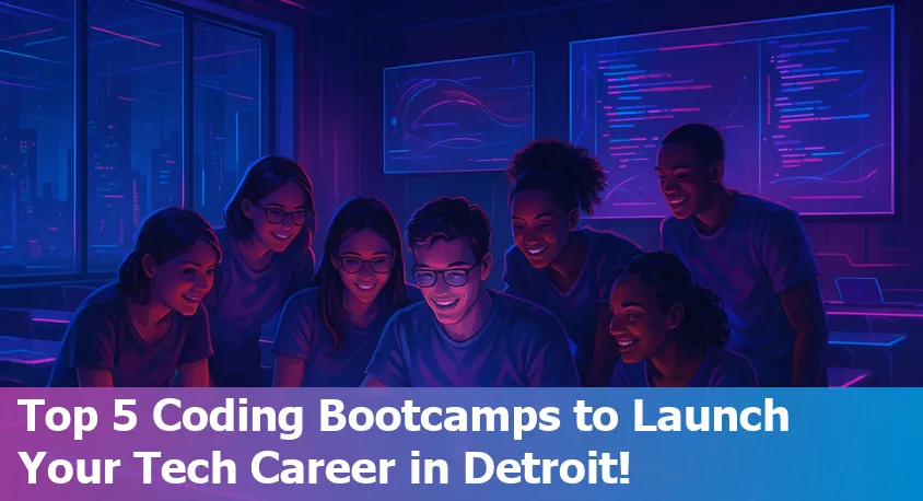 Group of diverse beginner coders collaborating in a Detroit classroom with laptops and city skyline in the background