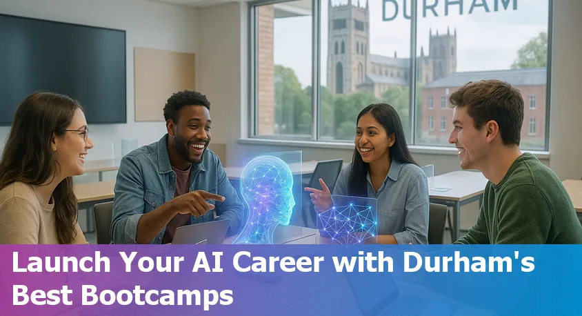 A diverse group of students collaborating in a modern classroom in Durham, North Carolina, focused on AI bootcamp learning.
