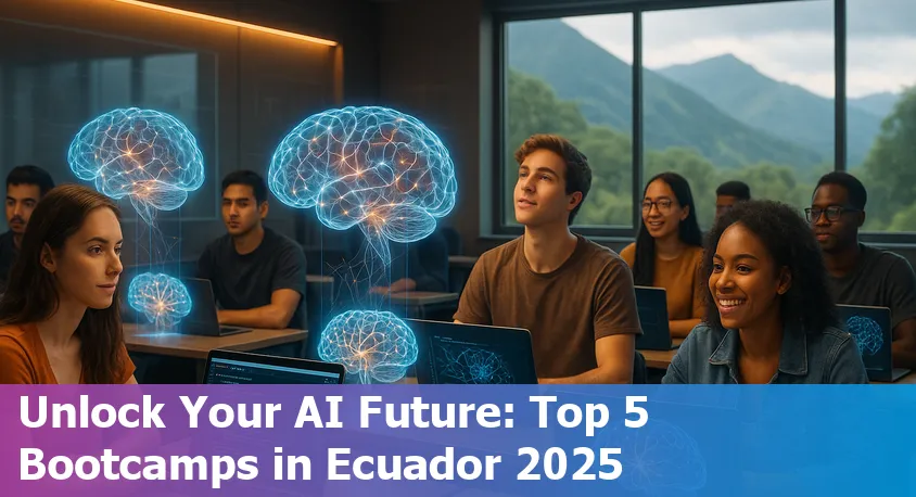 Ecuadorian students learning artificial intelligence together on laptops at a modern bootcamp classroom in Quito.