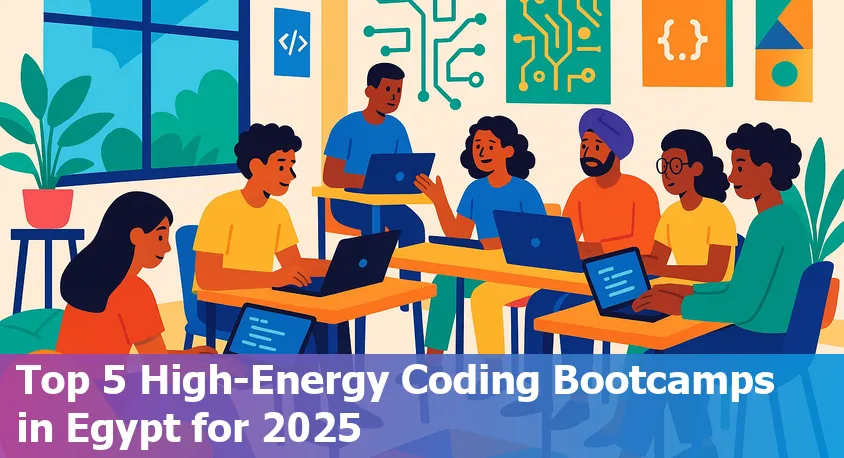 Smiling students at a vibrant coding bootcamp in Egypt, collaborating on computers in a modern classroom.