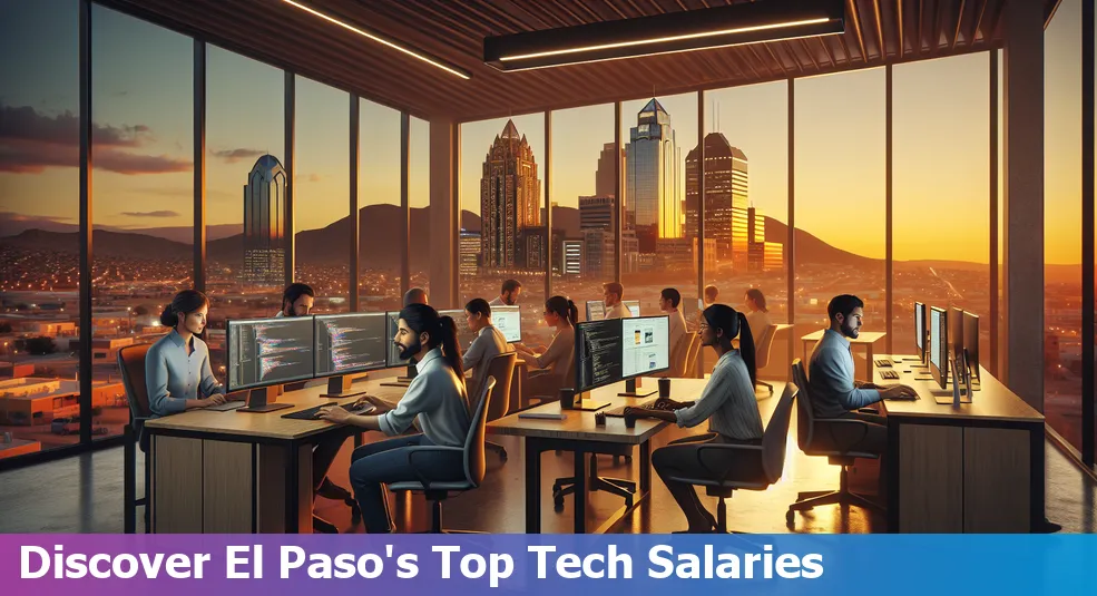 Skyline of El Paso, Texas with tech icons like code, data, and cloud overlaid.