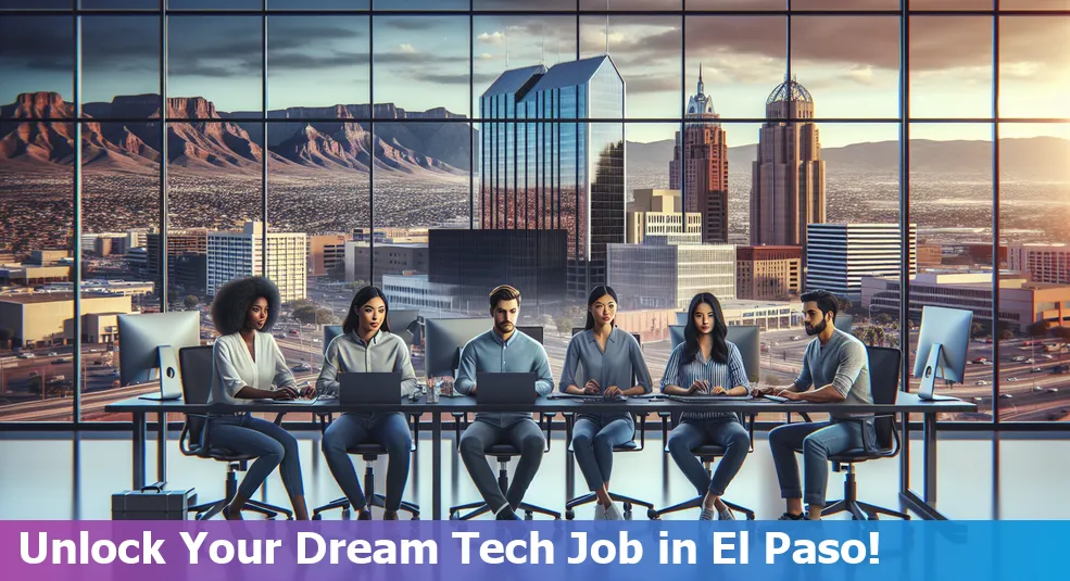 Diverse group of tech professionals in El Paso, Texas, collaborating at a job fair.