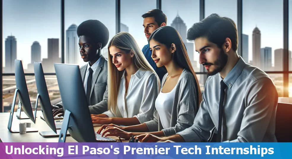 A diverse group of tech interns collaborating in an office setting, representing various tech companies in El Paso, Texas.