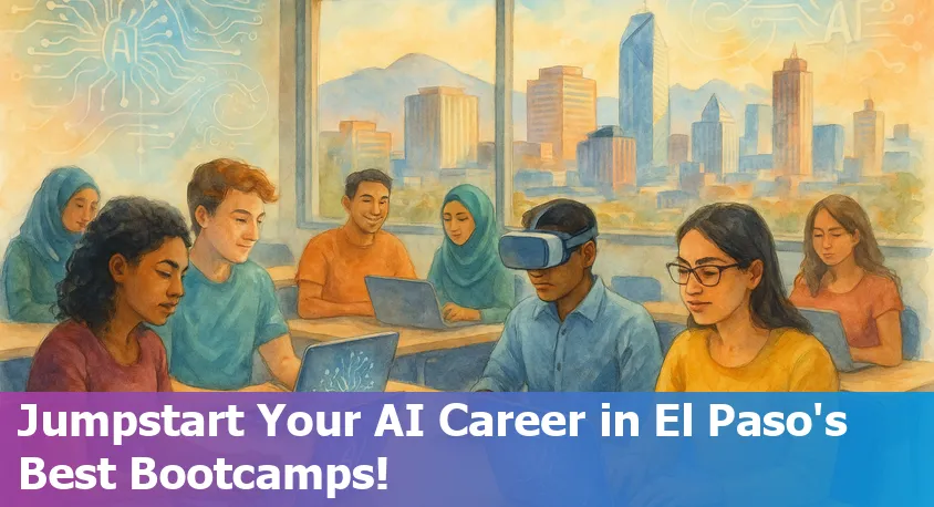 Five diverse students in El Paso collaborating on AI projects with laptops in a modern classroom.