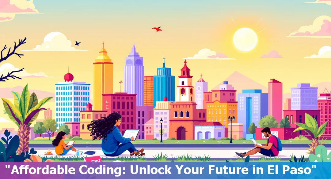 El Paso skyline with digital coding symbols overlay representing affordable coding bootcamps.