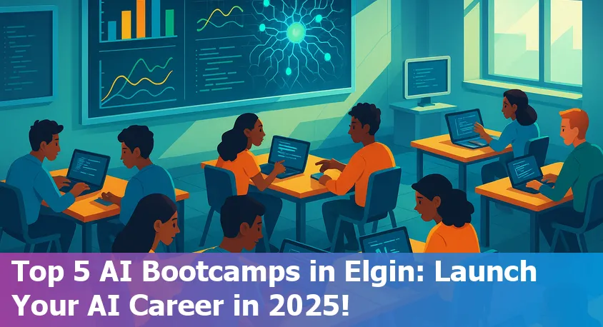 Elgin, Illinois skyline with digital AI graphics symbolizing technology bootcamps.