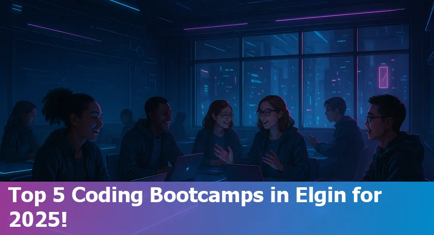 Group of diverse beginners learning coding at laptops in a modern classroom, representing top 5 Elgin bootcamps in 2025.
