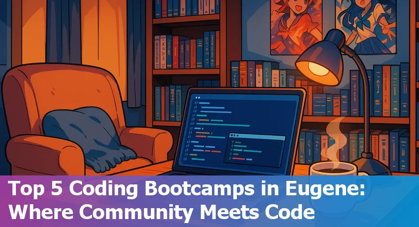Group of coding bootcamp students collaborating on laptops in a vibrant, welcoming classroom in Eugene, Oregon