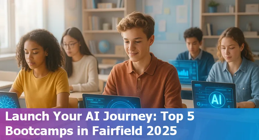 AI students and instructors at a bootcamp in Fairfield, California, learning together in a tech classroom setting.