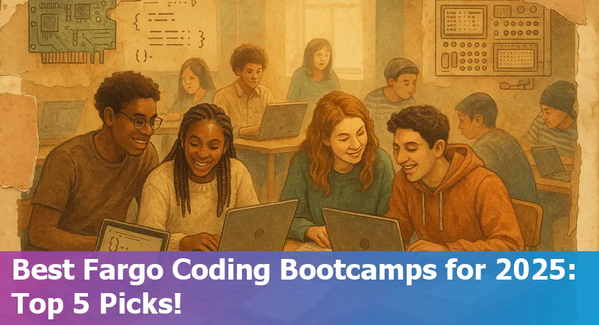 Fargo skyline with students coding together in a modern classroom environment in 2025