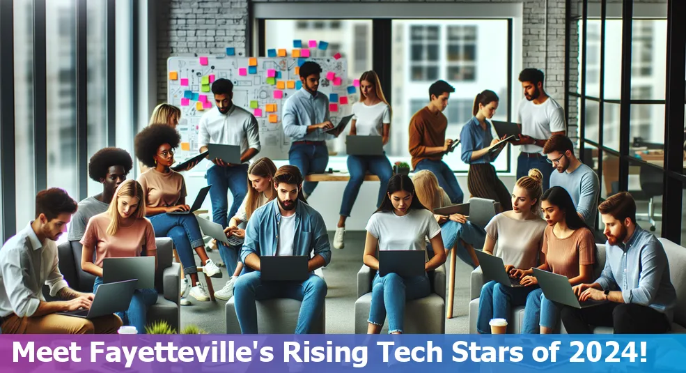 Fayetteville's cityscape with tech icons representing startups in various sectors.