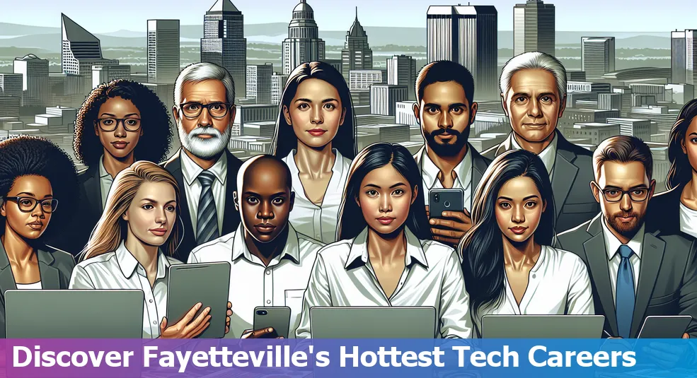 Top-paying tech jobs in Fayetteville, Arkansas with the Fayetteville skyline in the background.