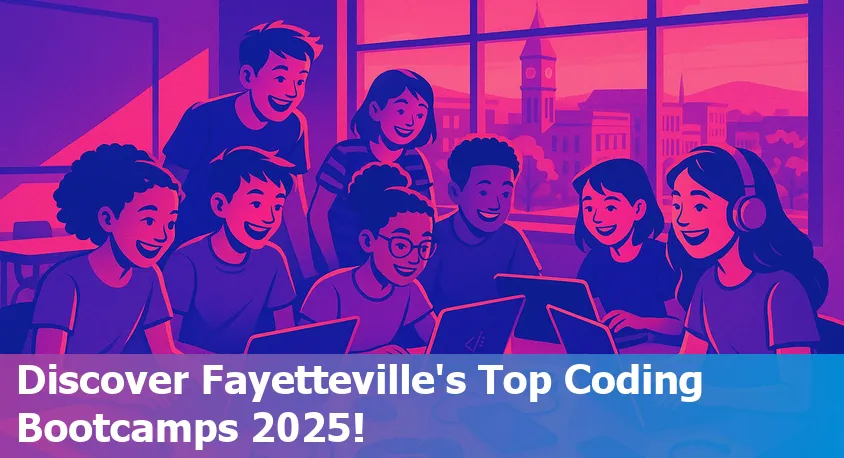 Coding students collaborating in Fayetteville, Arkansas, with laptops in a modern classroom, representing 2025 bootcamps.