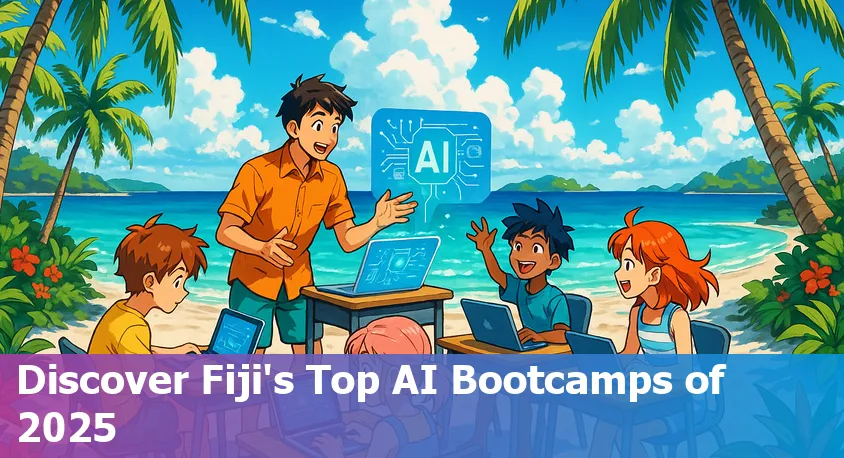 Fijian student learning AI online with a laptop, tropical background, and data science icons.