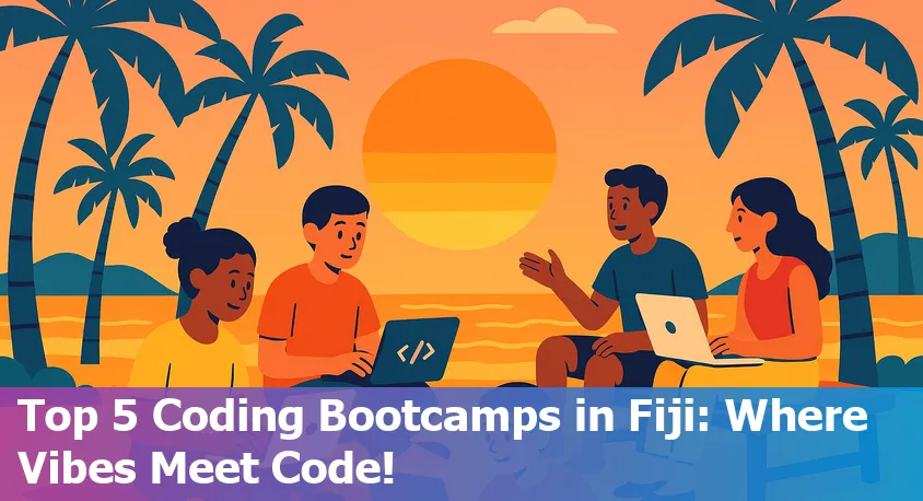 Group of beginner coders collaborating on laptops with Fijian island scenery and vibrant community atmosphere in the background.