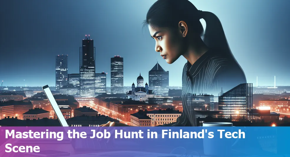 A tech professional in Finland using a laptop to job hunt with networking opportunities and job portals displayed in the background.