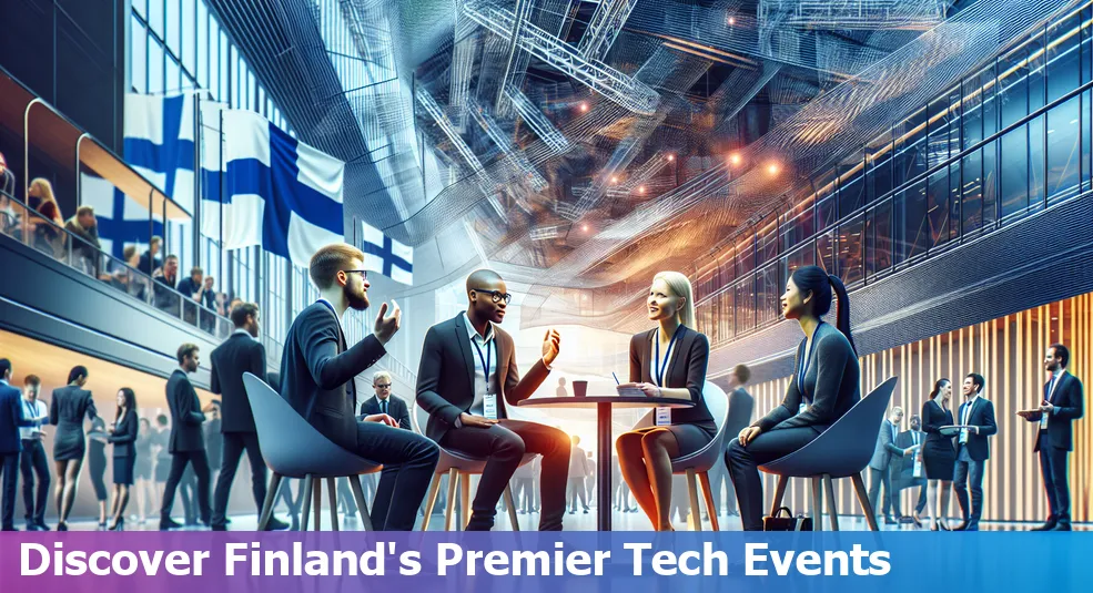 Collage of various tech meetups and conferences taking place in Finland, showcasing vibrant networking and speaker sessions.