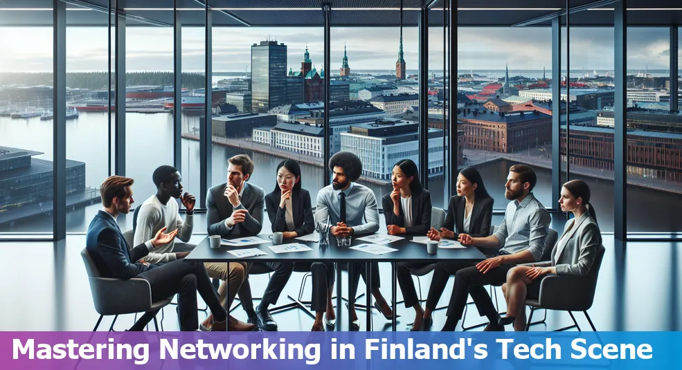 Collage of networking events, tech meetups, and professional interactions representing Finland's tech scene.