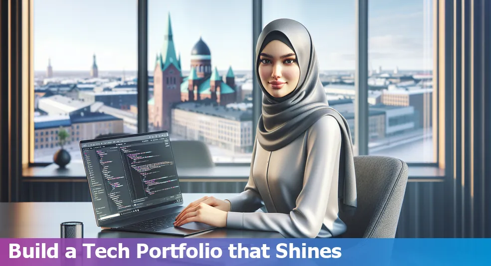 A professional tech portfolio open on a laptop with Finnish landmarks in the background.