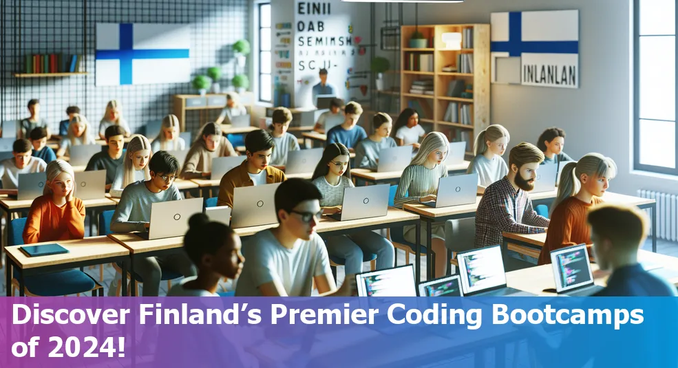 Laptop displaying code with Finnish flag in the background, representing top coding bootcamps in Finland.