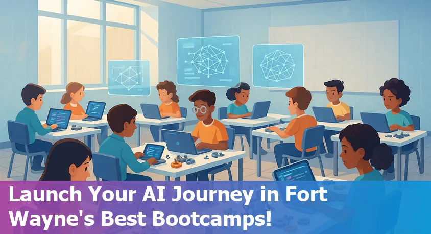 Students learning AI concepts at a bootcamp in Fort Wayne, Indiana, with computers and instructors in a collaborative classroom