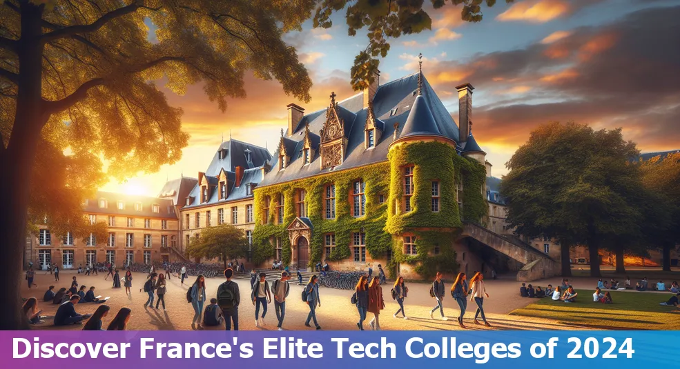 Top 10 best colleges in France for tech enthusiasts in 2024, featuring university logos and technology icons.