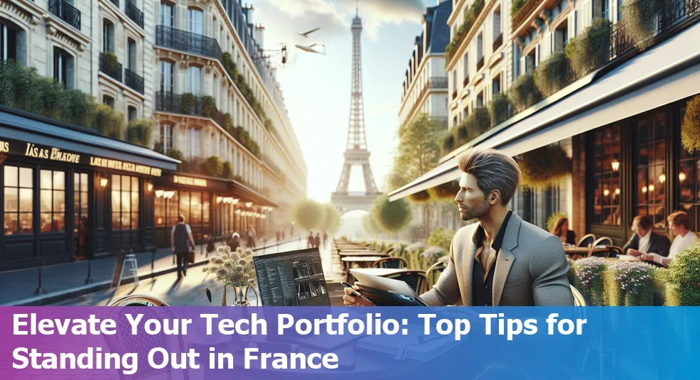 A tech portfolio displayed on a laptop screen, surrounded by French cultural elements like the Eiffel Tower and French flags.