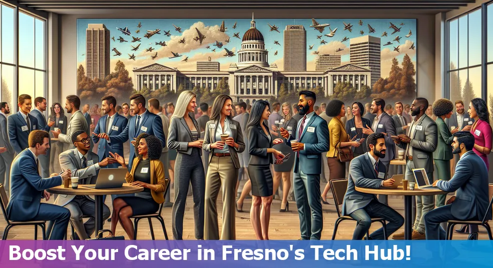 Diverse group of tech professionals networking at an event in Fresno, California