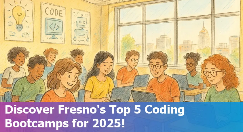 Fresno skyline with diverse coding students collaborating on laptops, representing 2025’s top coding bootcamps.