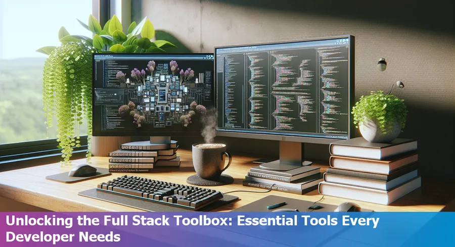 Varied tools for full stack development spread on a workstation