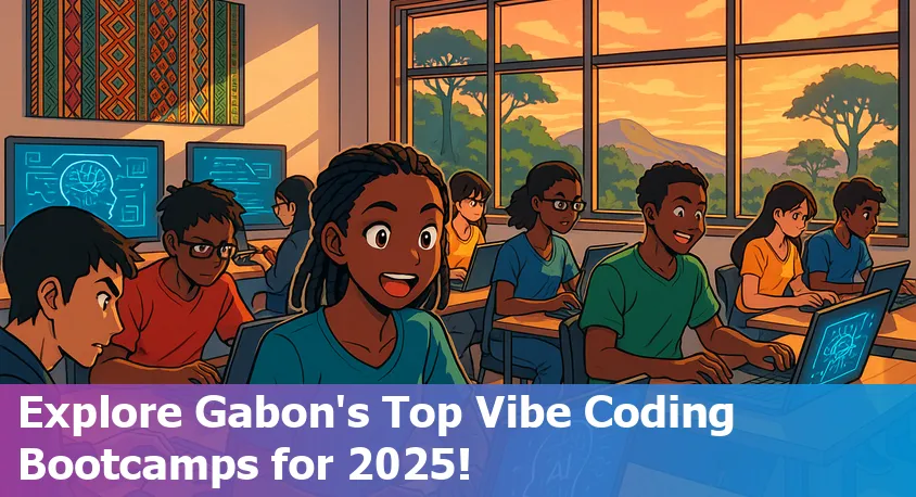 Beginner-friendly coding bootcamp students in Gabon collaborating on laptops with AI-powered coding tools in a modern classroom.