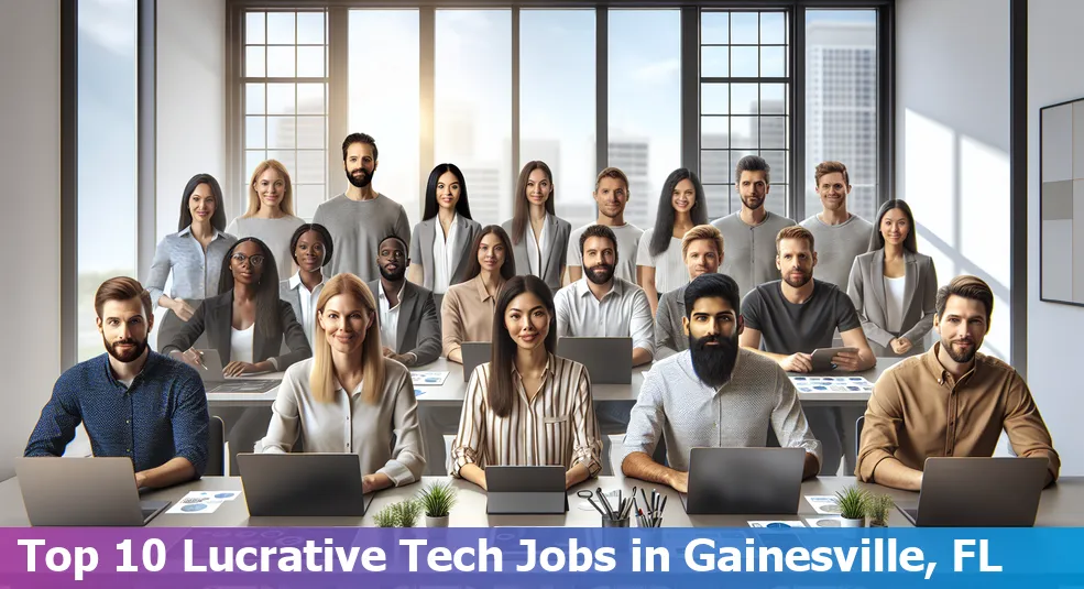 Top 10 High-Paying Tech Jobs in Gainesville, Florida with job icons and Gainesville city skyline in the background.