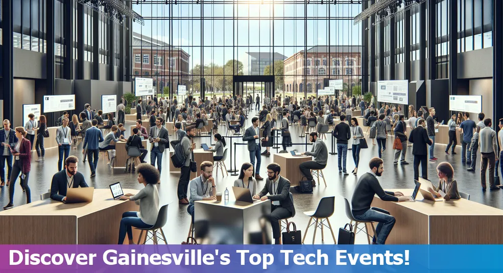 Tech enthusiasts networking at a conference in Gainesville, Florida.
