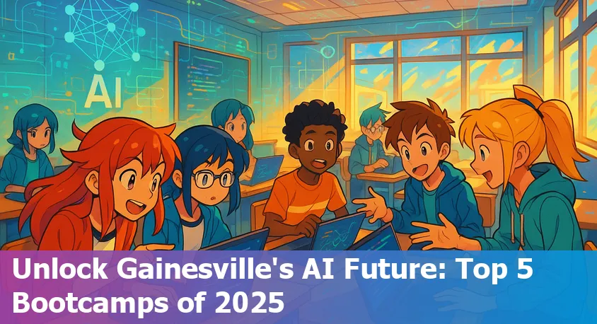 Five diverse students exploring AI concepts at a bootcamp in Gainesville, Florida with campus backdrop.