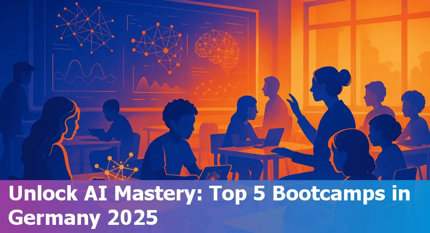 A classroom of diverse students in Germany learning artificial intelligence with laptops and a teacher assisting, representing top AI bootcamps in 2025.