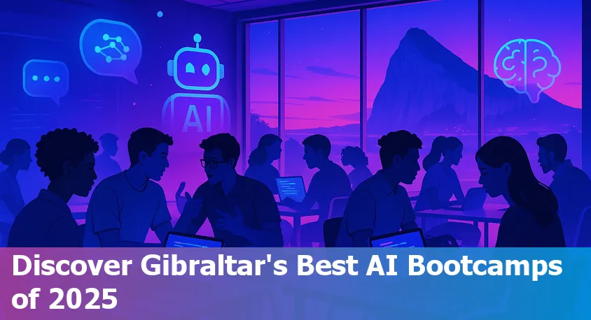 Students in Gibraltar attending an AI bootcamp, collaborating with laptops in a modern classroom.
