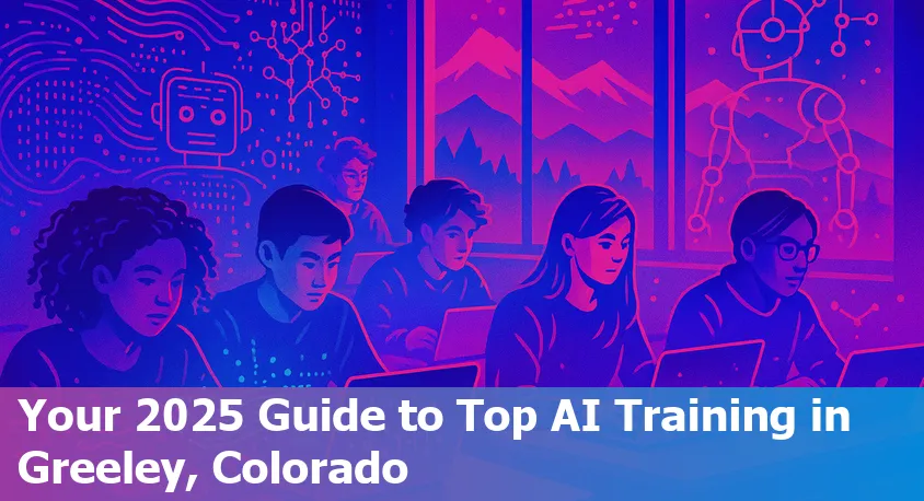 Collage of students learning AI online, Colorado landmarks, and digital code symbols representing top AI bootcamps.