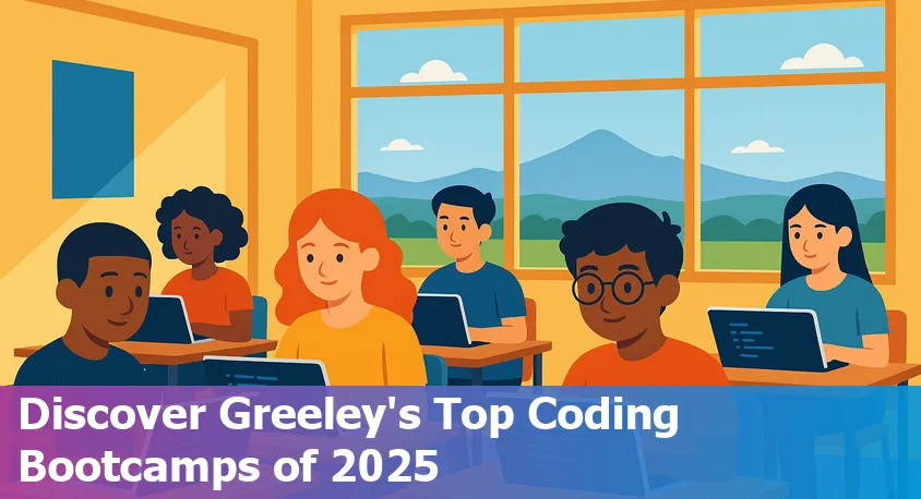 Young adults coding together in a modern classroom with a Colorado Greeley backdrop