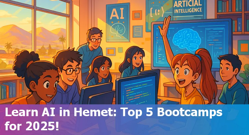 Students learning AI online from Hemet, CA, with icons showing computers, code, and city landmarks.
