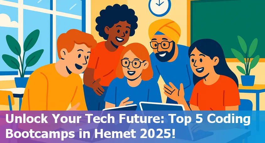 Hemet, California skyline with coding bootcamp students learning, laptops open, and a vibrant tech community atmosphere in 2025.